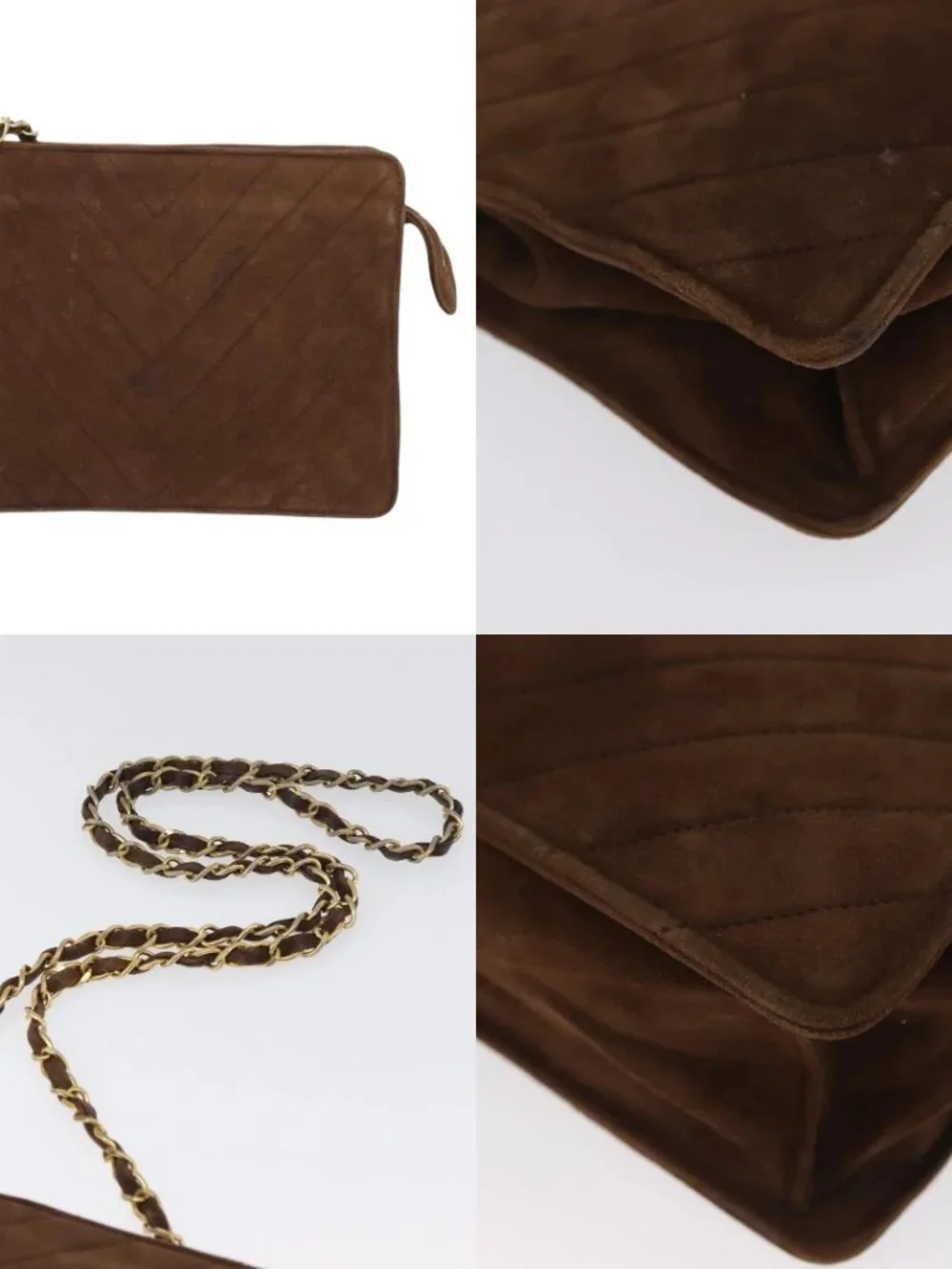 CHANEL V Stitched Chain Shoulder Bag Suede Brown Gold CC Auth 173313V